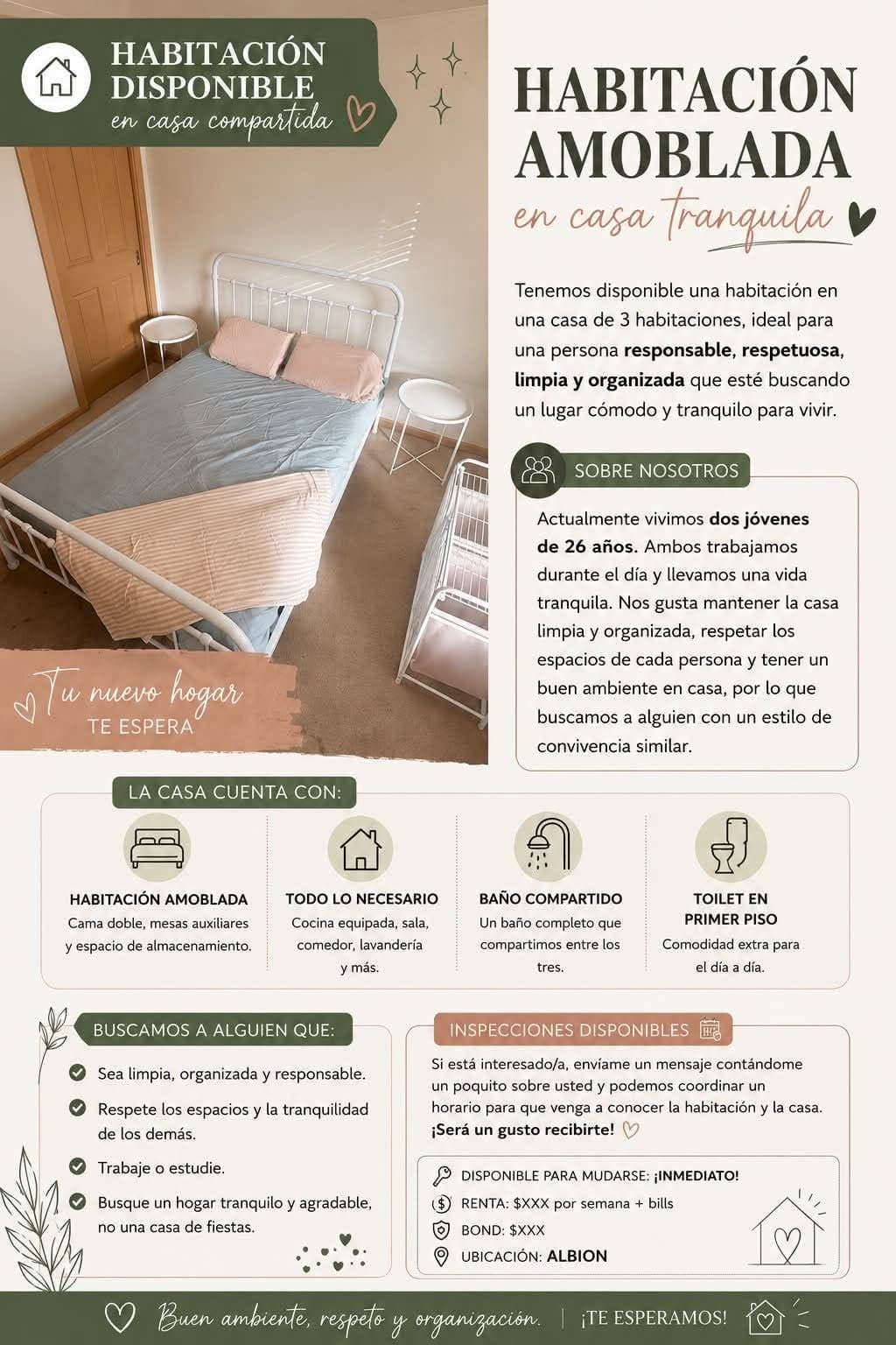 Furnished room in Albion, quiet 3-bedroom house